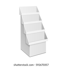 Cardboard Retail Shelves Floor Display Rack For Supermarket Blank Empty. Mock Up. 3D On White Background Isolated. Ready For Your Design. Product Advertising. Vector EPS10