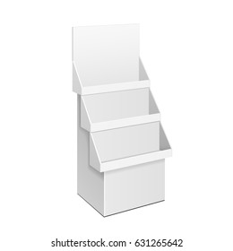 Cardboard Retail Shelves Floor Display Rack For Supermarket Blank Empty. Mock Up. 3D On White Background Isolated. Ready For Your Design. Product Advertising. Vector EPS10