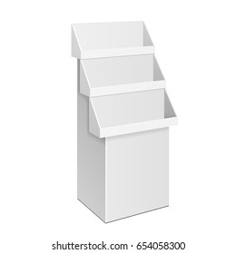 Cardboard Retail Shelves Floor Display Rack For Supermarket Blank Empty. Mock Up. 3D On White Background Isolated. Ready For Your Design. Product Advertising. Vector EPS10
