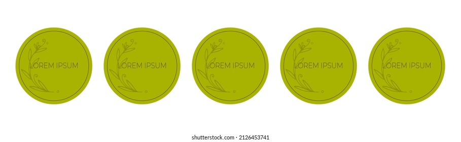 Cardboard round green labels, templates, stickers, tags. For marking. Labels with floral frame. Vector set isolated on white background