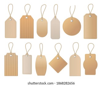 Cardboard sale labels. Blank tag with string isolated on white background. Price tag, gift tag vector.