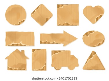 Cardboard shapes. Paperboard cutouts shapes of delivery truck, home icon, brown cardboard arrow and craft heart symbols isolated vector illustration set of piece torn set edge ripped