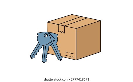 Cardboard shipping box placed next to a set of blue keys delivery or moving services with clear subject detail for commercial marketing and editorial use.