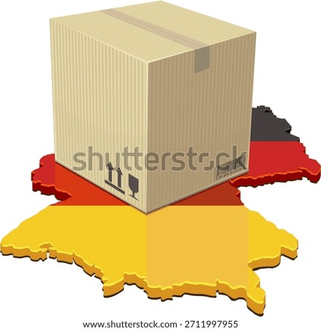 A cardboard shipping box placed on the Germany map (flag colors). Concept for e-commerce, national logistics, delivery service, or imports exports in Europe. (cut out)