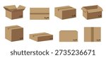 Cardboard shipping box set with various open and closed angles and fragile symbols