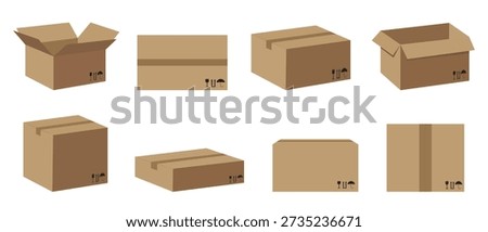 Cardboard shipping box set with various open and closed angles and fragile symbols