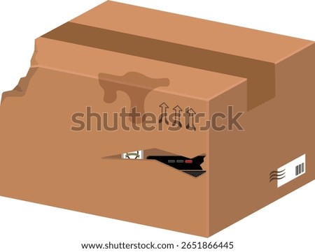 Cardboard shipping box with torn corner, puncture hole and stain, symbolizing damaged delivery or mishandled package. without background.
