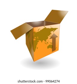Cardboard shipping box with word map for international shipping