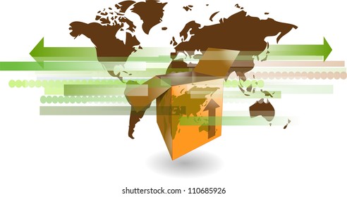 Cardboard shipping box with world map for international shipping