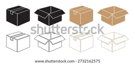 Cardboard Shipping Boxes Collection, Open and Closed, Isolated on White Background.