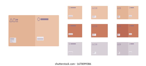 Cardboard shipping boxes set with fragile signs. Home and office easy storage, postage, mailing pack recycled cargo. Vector flat style cartoon illustration, different colors and view
