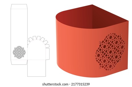 Cardboard snack round container with stenciled Arabic pattern die cut template and 3D mockup