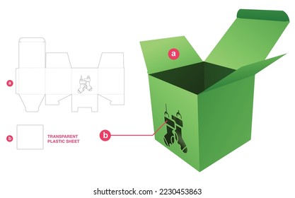 Cardboard square box with Christmas sock window and transparent plastic sheet die cut template