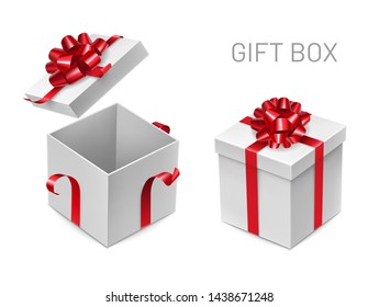 Cardboard square gift boxes with glossy red ribbon bows. Happy new year and xmas gift packaging with silk tape decoration. Opened and closed realistic white 3d containers isolated vector illustration.