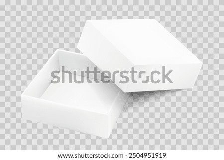 Cardboard square open box, mockup design template. Vector realistic 3d illustration of white container on transparent background. Blank modern package for branding