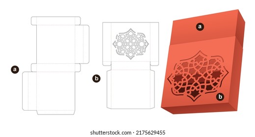 Cardboard stenciled pattern sliding box die cut template and 3D mockup