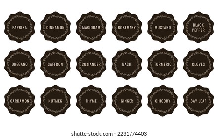 Cardboard stickers or labels for jars of spices and herbs. Can be used to label kitchen food containers.Labels, stickers, craft decals, floral frame and spice name in English.Vector illustration