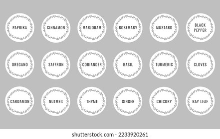 Cardboard stickers or labels for jars of spices and herbs. Can be used to label kitchen food containers.Labels, stickers, craft decals, floral frame and spice name in English.Vector illustration