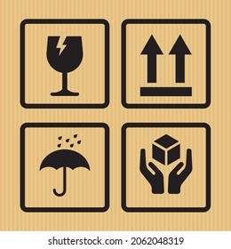 Cardboard symbols isolated on background. Handle with Care Logistics Cargo Icon Set.