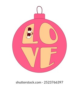 Cardboard tag in trendy retro groovy style. Lovely and psychedelic valentine day mascot with face and text Love. Romantic vector element on transparent background
