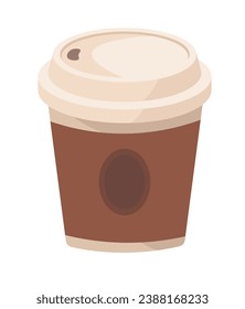 Cardboard takeaway coffee cup with lid. Isolated mug design for hot caffeine drink. Plastic of paper container with space or place for logotype of coffehouse or cafeteria. Vector in flat style