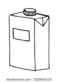 Cardboard tetra packing. Storage, draft drinks. Simple black outline vector drawing. Ink sketch.