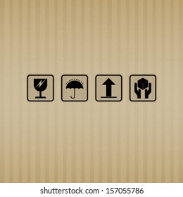 Cardboard texture background with fragile symbol set - Vector illustration