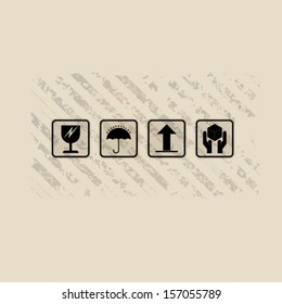 Cardboard texture background with fragile symbol set - Vector illustration