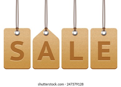 Cardboard texture sale labels, vector isolated tags