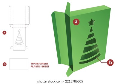 Cardboard tin box with Christmas window and transparent plastic sheet die cut template and 3D mockup