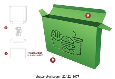 Cardboard tin box with stenciled food window and transparent plastic sheet die cut template and 3D mockup