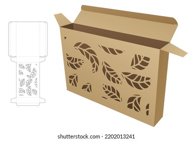 Cardboard tin box with stenciled leaf pattern die cut template and 3D mockup