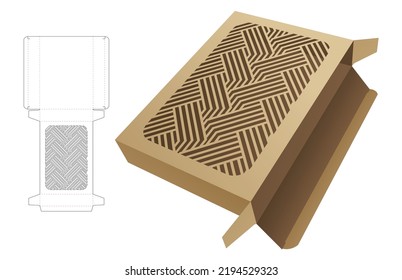 Cardboard tin packaging box with stenciled striped pattern die cut template and 3D mockup