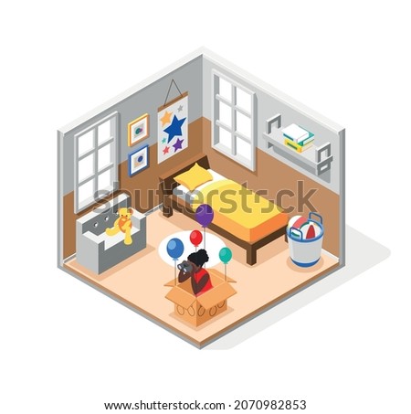 Cardboard toys composition with imagination and creativity symbols isometric vector illustration