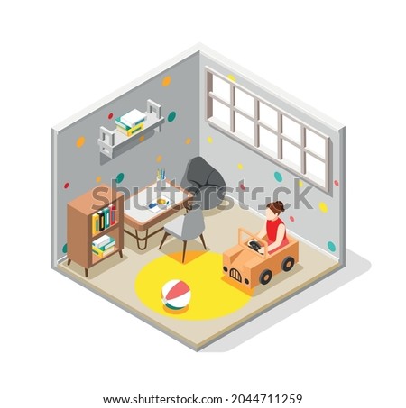Cardboard toys concept with child playing symbols isometric vector illustration