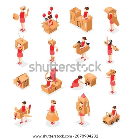 Cardboard toys icons set with child playing symbols isometric isolated vector illustration