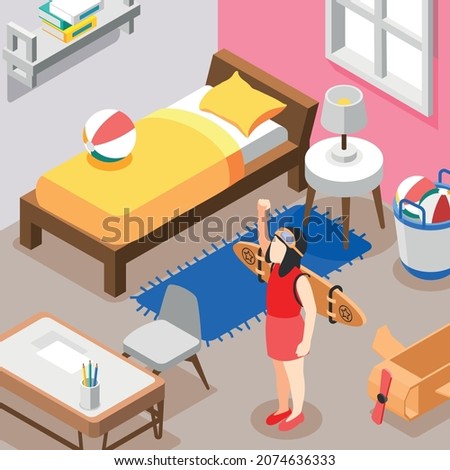 Cardboard toys and kid background with plane building symbols isometric vector illustration