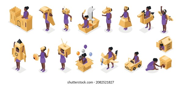 Cardboard toys recolor set with handmade toys symbols isometric isolated vector illustration