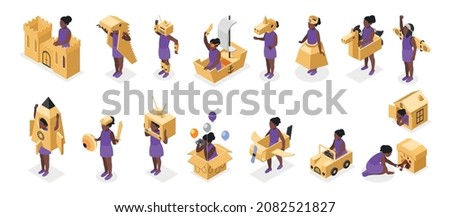 Cardboard toys recolor set with handmade toys symbols isometric isolated vector illustration