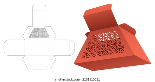 Cardboard trapezoid box with stenciled pattern die cut template and 3D mockup