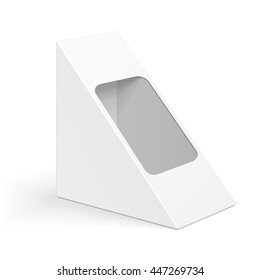 Cardboard Triangle Box Packaging For Sandwich, Food, Gift Or Other Products. Illustration Isolated On White Background. Mock Up Template Ready For Your Design. Product Packing Vector EPS10