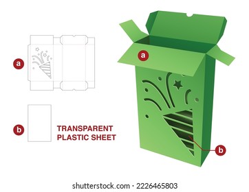 Cardboard two flips box with stenciled confetti die cut template and 3D mockup