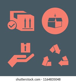 cardboard vector icons set. with hand parcel, open box, recycle sign and parcel box in set