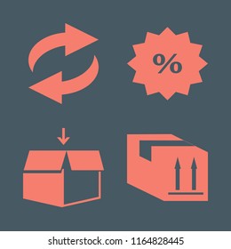 cardboard vector icons set. with open box, discount tag, recycle sign and parcel box in set