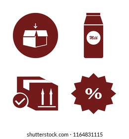 cardboard vector icons set. with pack milk, discount tag, open box and parcel box in set