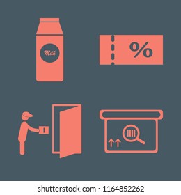 cardboard vector icons set. with pack milk, sale ticket, courier gives parcel and square barcode box in set