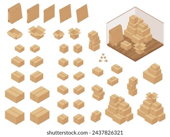 Cardboard vector illustration material set_Isometric