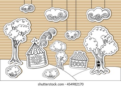 Cardboard village. Editable set of wooden houses, trees, bushes and clouds. Vector illustration.
