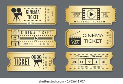 Cardboard Vintage Cinema Tickets. Realistic Golden Show Ticket Set. Hand Drawn Retro Premium Gold Chairs Coupons To Movie Film Or Event, Vector Illustration Isolated On Grey Background