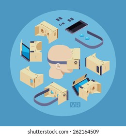 Cardboard virtual reality headset against the blue background. Conceptual illustration suitable for advertising and promotion